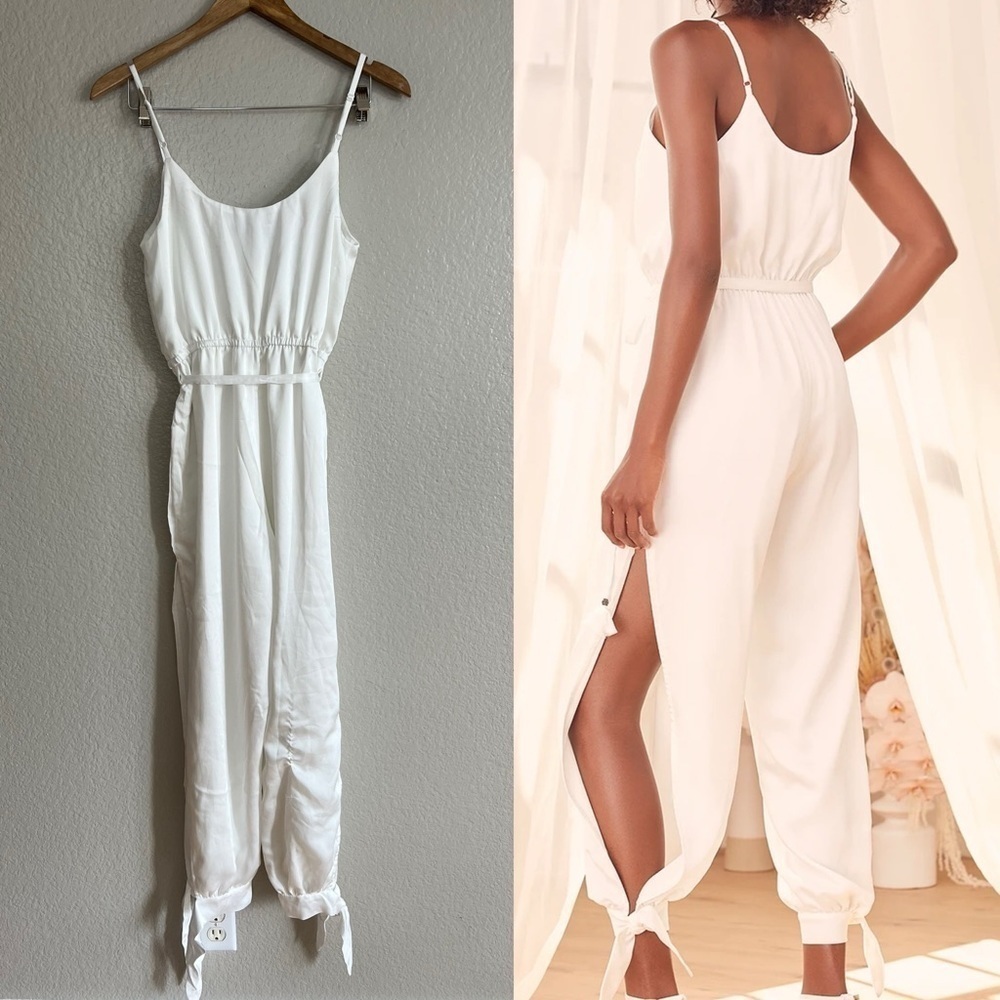 NWOT Lovely As Can Be White Satin Surplice Jumpsuit - Picture 3 of 6